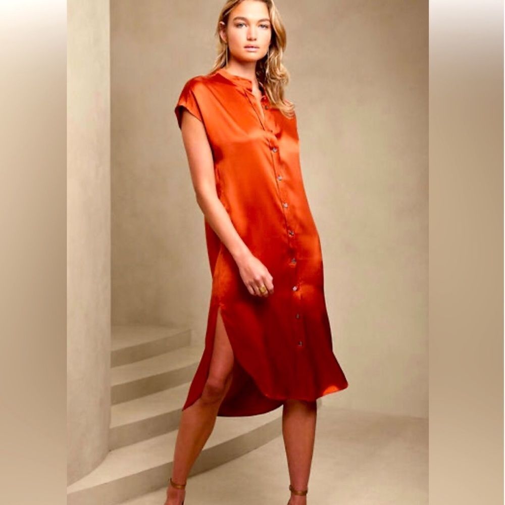 Banana Republic Silk Midi Shirt Dress Burnt Orange Serenade Medium